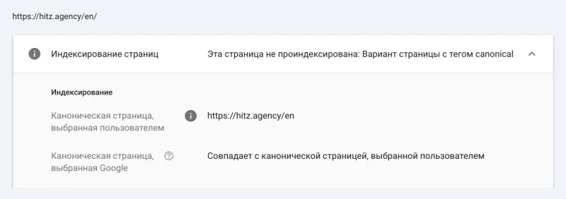 Проверка URL в Search Console для hitz.agency/en/: канонический адрес сайта совпадает с адресом, который выбрал Google