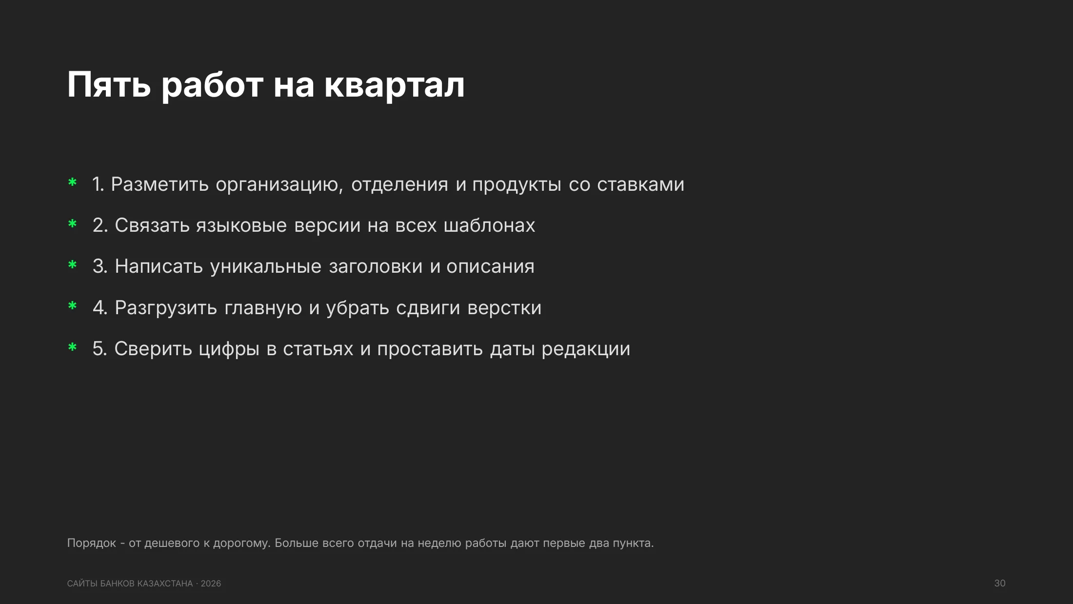 Пять работ на квартал: разметка, связка языков, заголовки и описания, разгрузка главной, проверка цифр