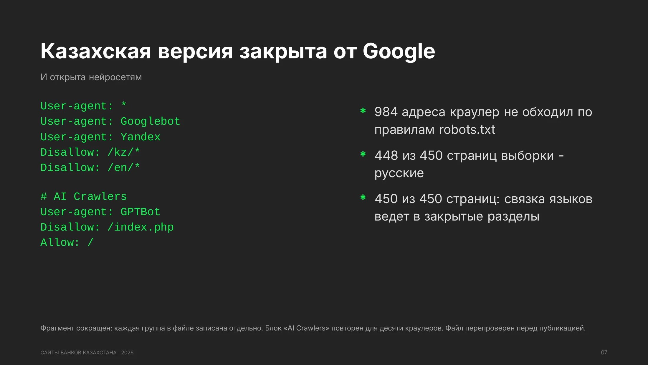 Фрагмент robots.txt halykbank.kz: разделы kz и en закрыты для всех роботов, Googlebot и Yandex, а для десяти AI-краулеров сайт открыт