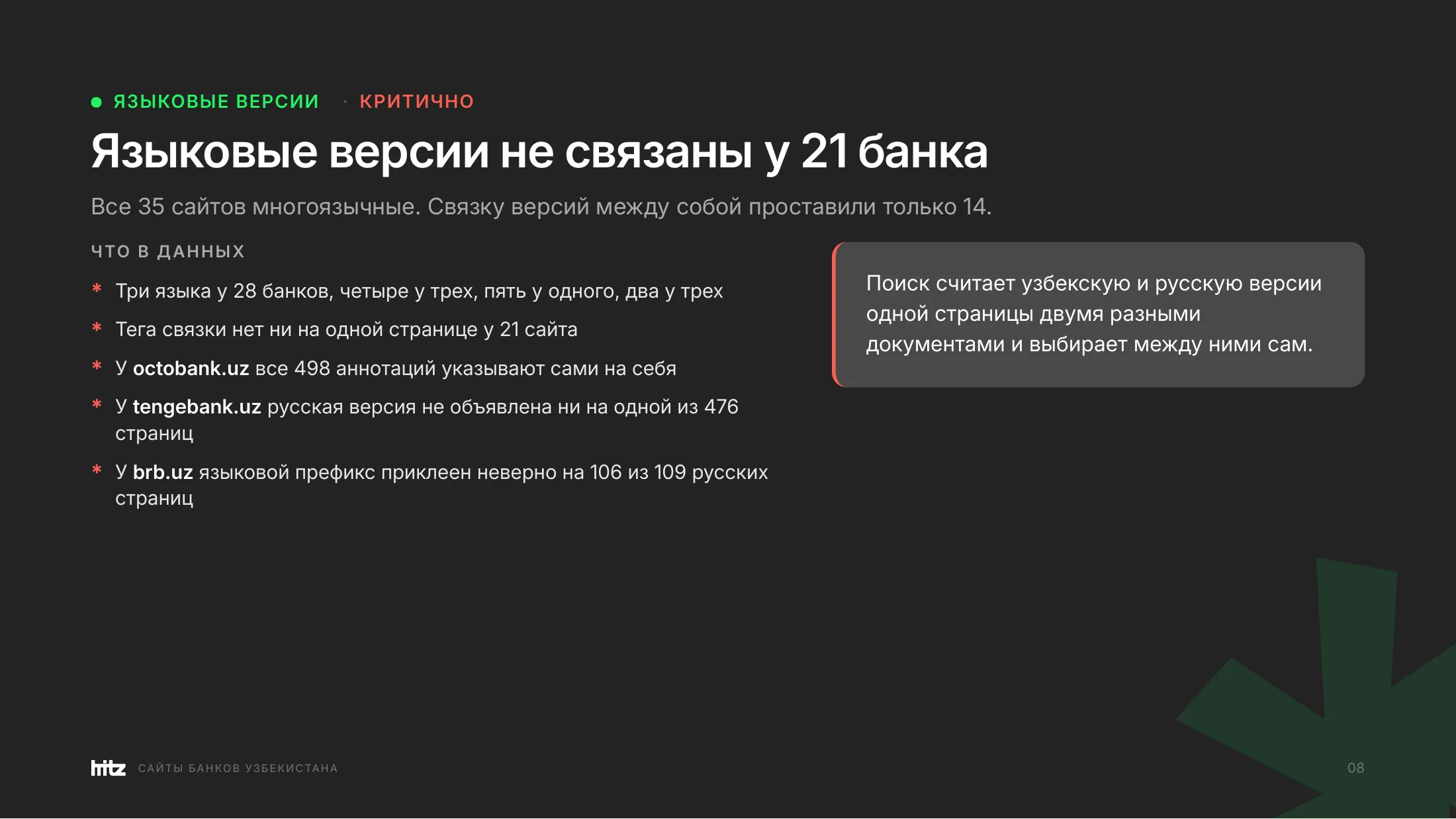 Данные по связке языковых версий: тега нет ни на одной странице у 21 сайта, у octobank.uz 498 аннотаций указывают сами на себя