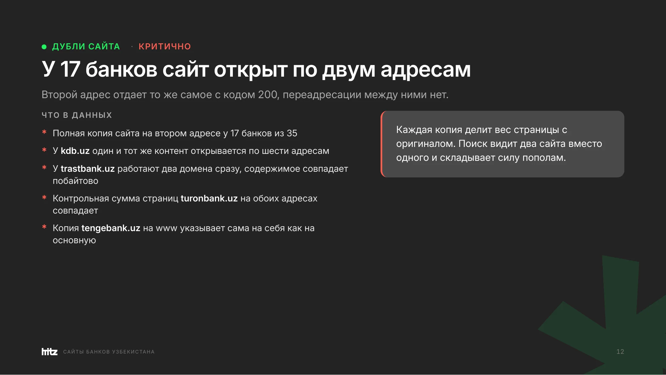 Данные по дублям: полная копия сайта на втором адресе у 17 банков из 35, у kdb.uz контент открывается по шести адресам